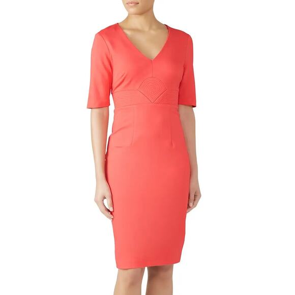 Trina Turk Ashton Sheath Dress Coral V-Neck‎ Short Sleeve Ponte Pencil Sz 8 - Picture 1 of 12